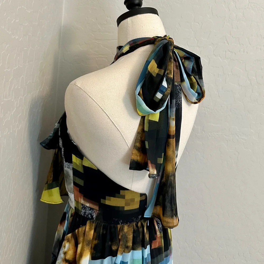 NEW JOVANI SZ 2 HALTER CHIFFON ABSTRACT PRINT HIGH SLIT FORMAL EVENING GOWN - Picture 10 of 16
